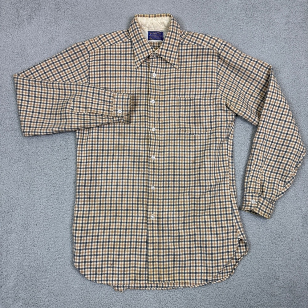 Vintage Pendleton Wool Plaid Shirt Mens Large Tan Blue Button Down Made in USA